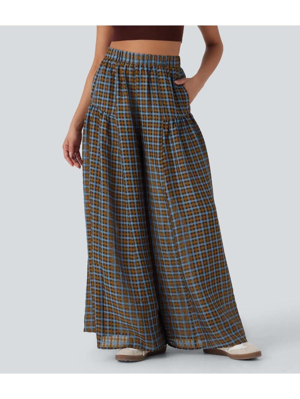 Halara High Waisted Pocket Wide Leg Flowy Plaid Casual Pants Blue Brown Size L - Picture 6 of 9